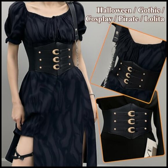 Gold Buckle Corset Belt Stretchy Elastic Waspie Waist Belt for Cosplay Halloween